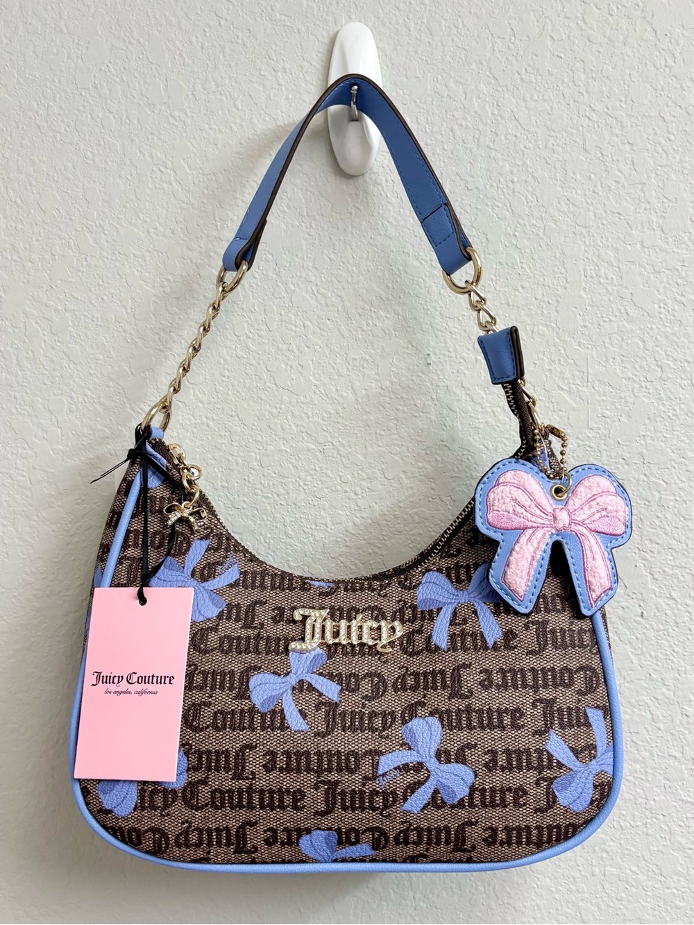 Juicy Couture Y2K McBling Coquette Simply Sweet Coho Brown Blue Bow Shoulder Bag